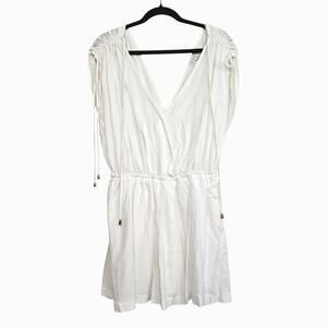 Women's White Romper Ruched Shoulders Tassel Ties Pockets V-Neck Boho Resortwear